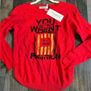 Vinizbena Red Graphic Sweater NWT Small You Want Fashion Vogue Sequin Statement